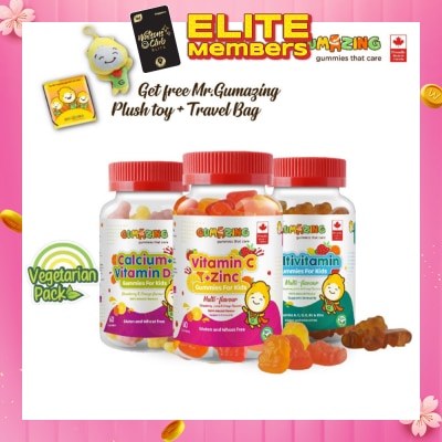 GUMAZING Kids Gummies Vegetarian Combo Pack (Consist Calcium Vitamin D3 Gummies + Multivitamin Gummies & Vitamin C + Zinc Gummies) 60s X 3 (Expiry: Sep`2026)
