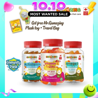 GUMAZING Kids Gummies Immunity Combo Pack (Consist Omega 3 Gummies + Multivitamin Gummies & Vitamin C + Zinc Gummies) 60s X 3 image