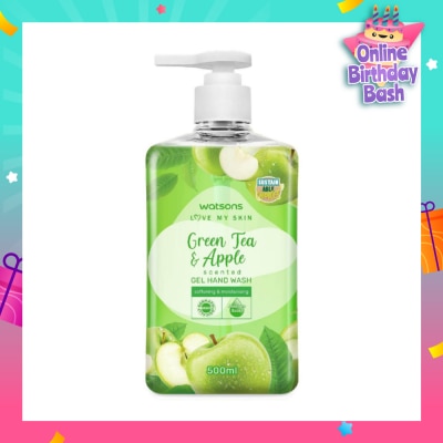 WATSONS Green Tea & Apple Scented Gel Hand Wash (Softening & Moisturising, Dermatologically Tested) 500ml