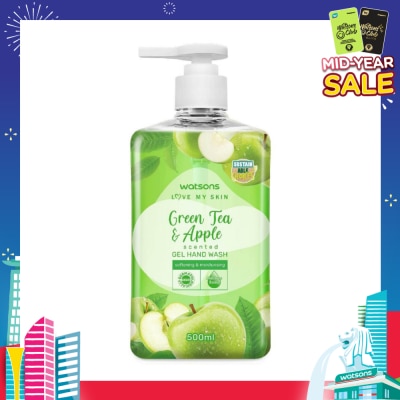 WATSONS Green Tea & Apple Scented Gel Hand Wash (Softening & Moisturising, Dermatologically Tested) 500ml