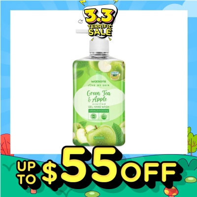 WATSONS Green Tea & Apple Scented Gel Hand Wash (Softening & Moisturising, Dermatologically Tested) 500ml
