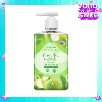 WATSONS Green Tea & Apple Scented Gel Hand Wash (Softening & Moisturising, Dermatologically Tested) 500ml