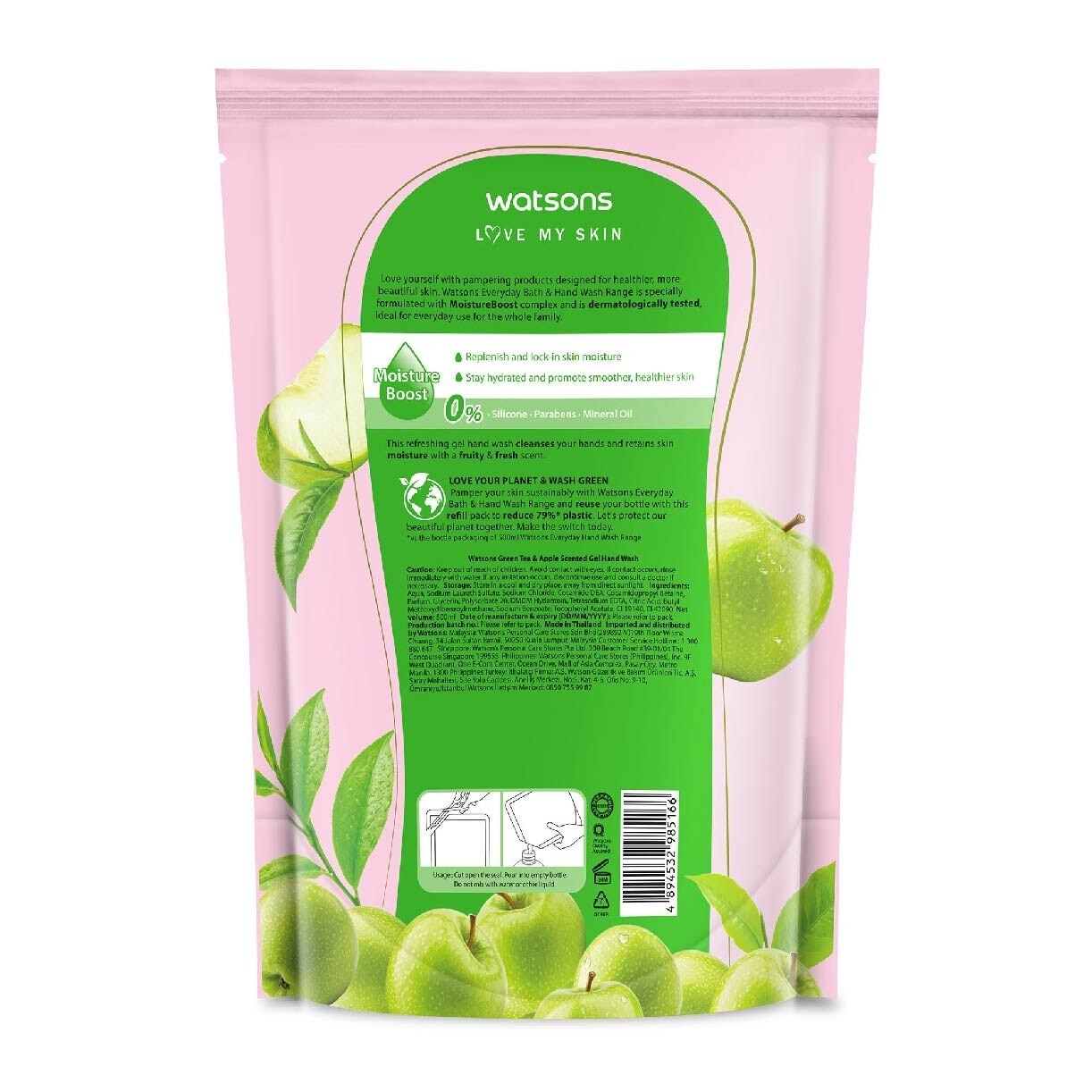 Green Tea & Apple Scented Gel Hand Wash Refill Pack (Softening & Moisturising, Dermatologically Tested) 500ml