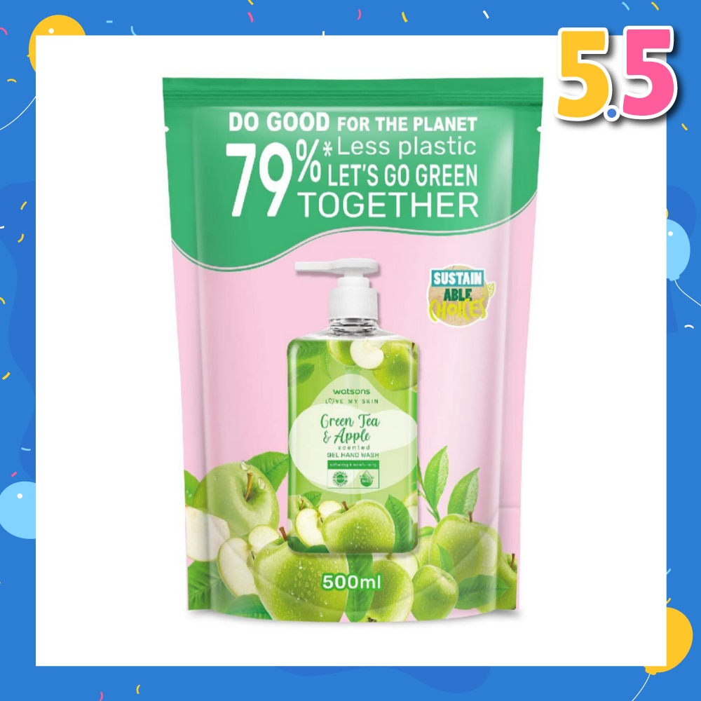 Green Tea & Apple Scented Gel Hand Wash Refill Pack (Softening & Moisturising, Dermatologically Tested) 500ml