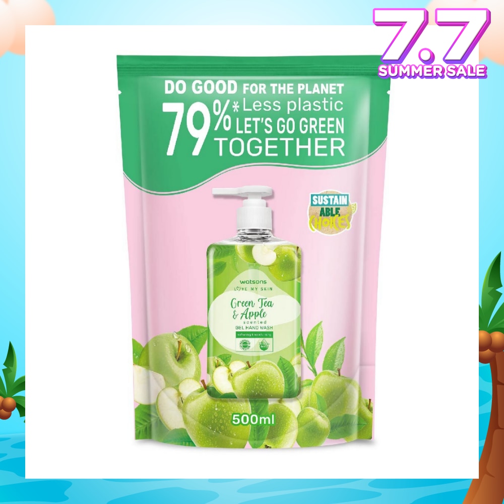 Green Tea & Apple Scented Gel Hand Wash Refill Pack (Softening & Moisturising, Dermatologically Tested) 500ml