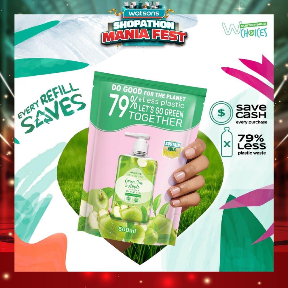 Green Tea & Apple Scented Gel Hand Wash Refill Pack (Softening & Moisturising, Dermatologically Tested) 500ml