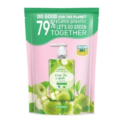 WATSONS Green Tea & Apple Scented Gel Hand Wash Refill Pack (Softening & Moisturising, Dermatologically Tested) 500ml