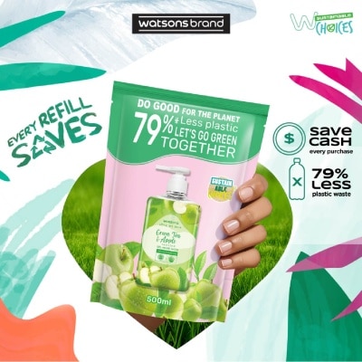 WATSONS Green Tea & Apple Scented Gel Hand Wash Refill Pack (Softening & Moisturising, Dermatologically Tested) 500ml