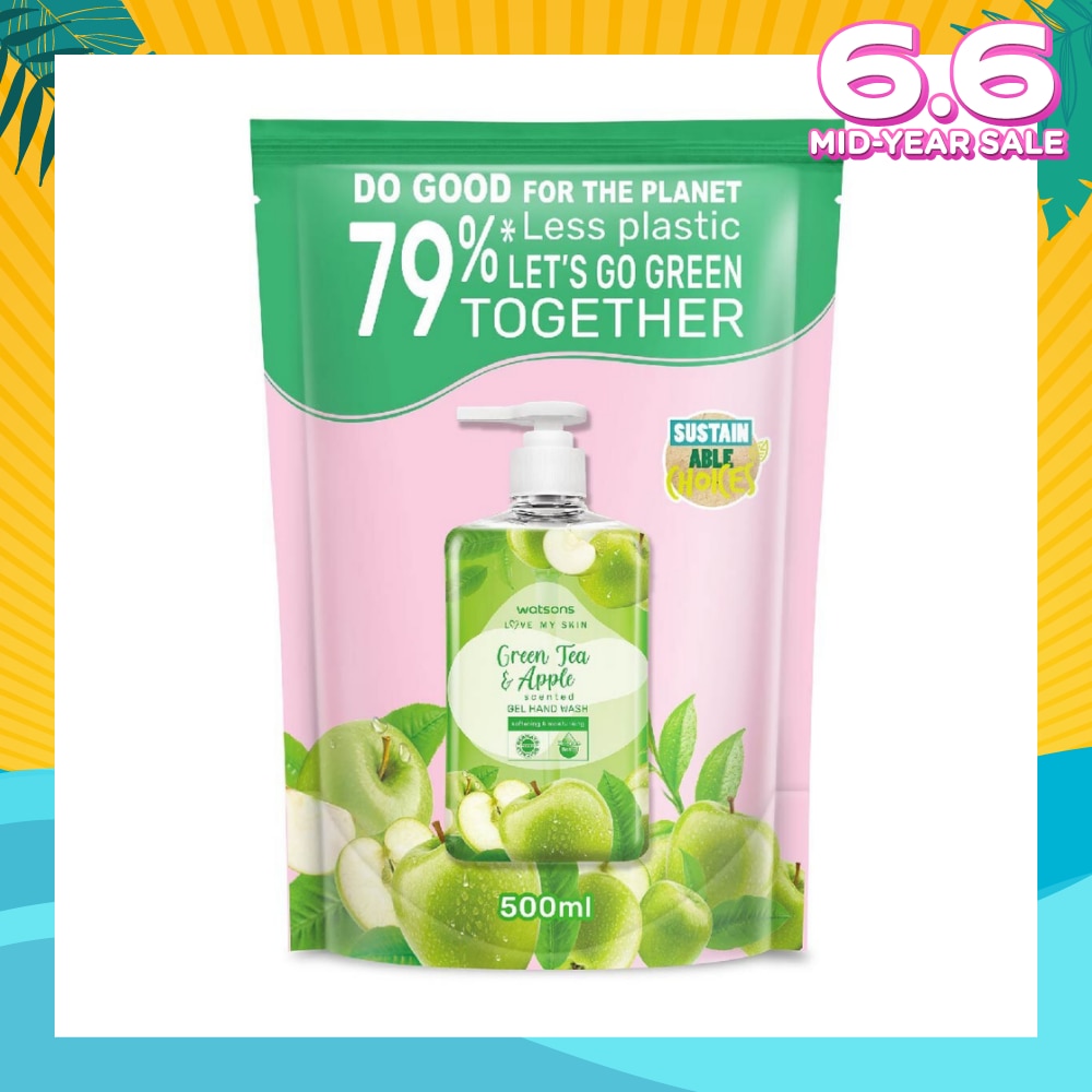 Green Tea & Apple Scented Gel Hand Wash Refill Pack (Softening & Moisturising, Dermatologically Tested) 500ml