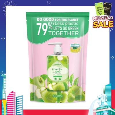 WATSONS Green Tea & Apple Scented Gel Hand Wash Refill Pack (Softening & Moisturising, Dermatologically Tested) 500ml