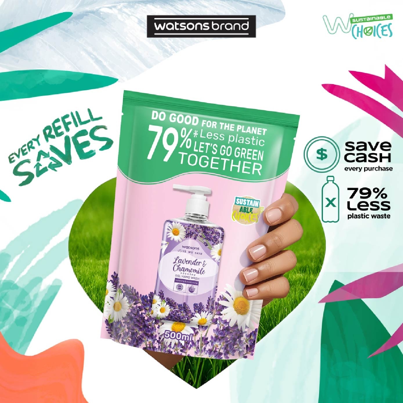 Lavender & Chamomile Scented Gel Hand Wash Refill Pack (Softening & Moisturising, Dermatologically Tested) 500ml