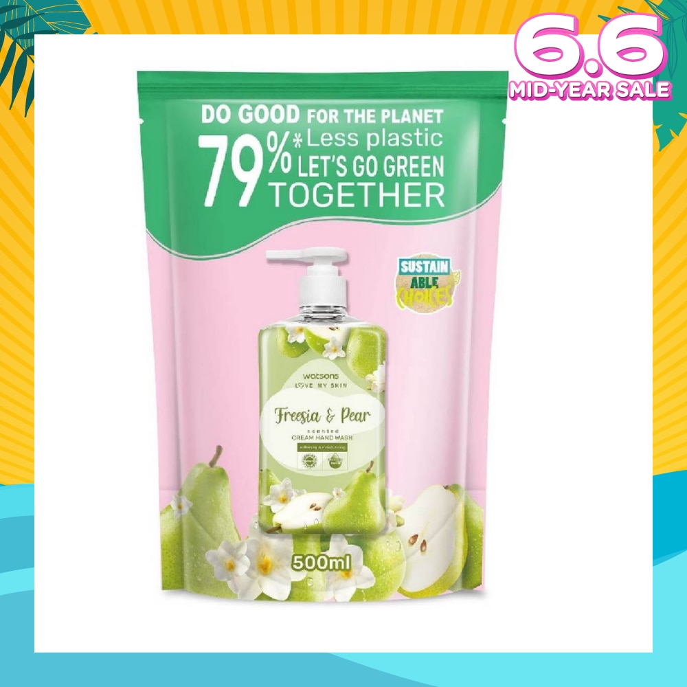 WATSONS Freesia & Pear Scented Cream Hand Wash Refill Pack (Softening & Moisturising, Dermatologically Tested) 500ml