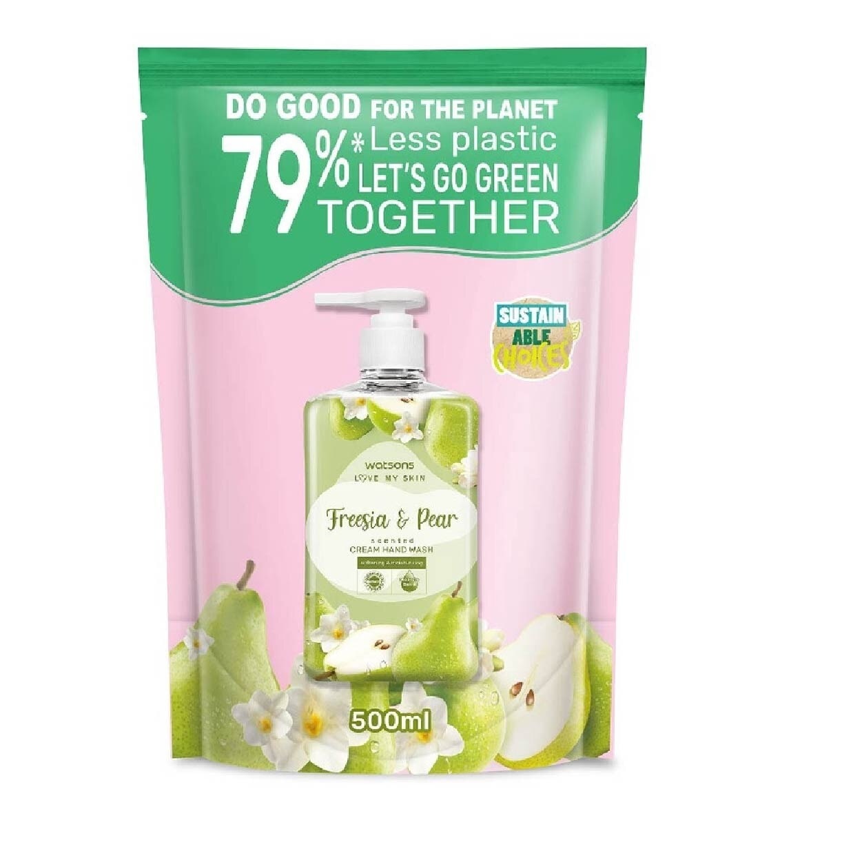 WATSONS Freesia & Pear Scented Cream Hand Wash Refill Pack (Softening & Moisturising, Dermatologically Tested) 500ml