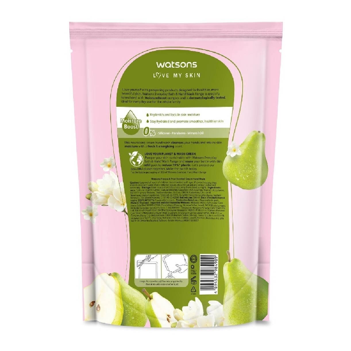 Freesia & Pear Scented Cream Hand Wash Refill Pack (Softening & Moisturising, Dermatologically Tested) 500ml