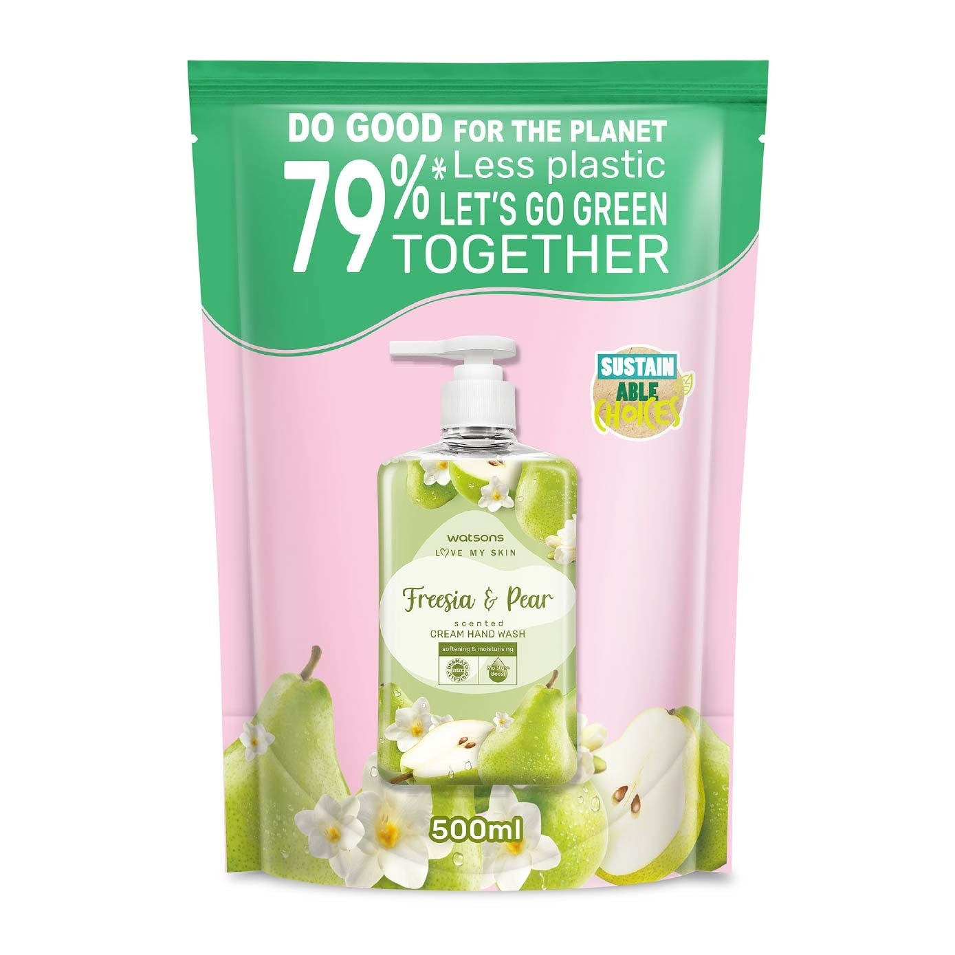 Freesia & Pear Scented Cream Hand Wash Refill Pack (Softening & Moisturising, Dermatologically Tested) 500ml