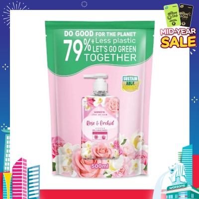 WATSONS Rose & Orchid Scented Gel Hand Wash (Softening & Moisturising, Dermatologically Tested) Refill Pack 500ml