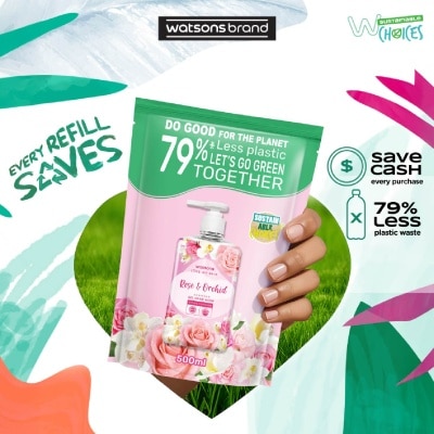 WATSONS Rose & Orchid Scented Gel Hand Wash (Softening & Moisturising, Dermatologically Tested) Refill Pack 500ml