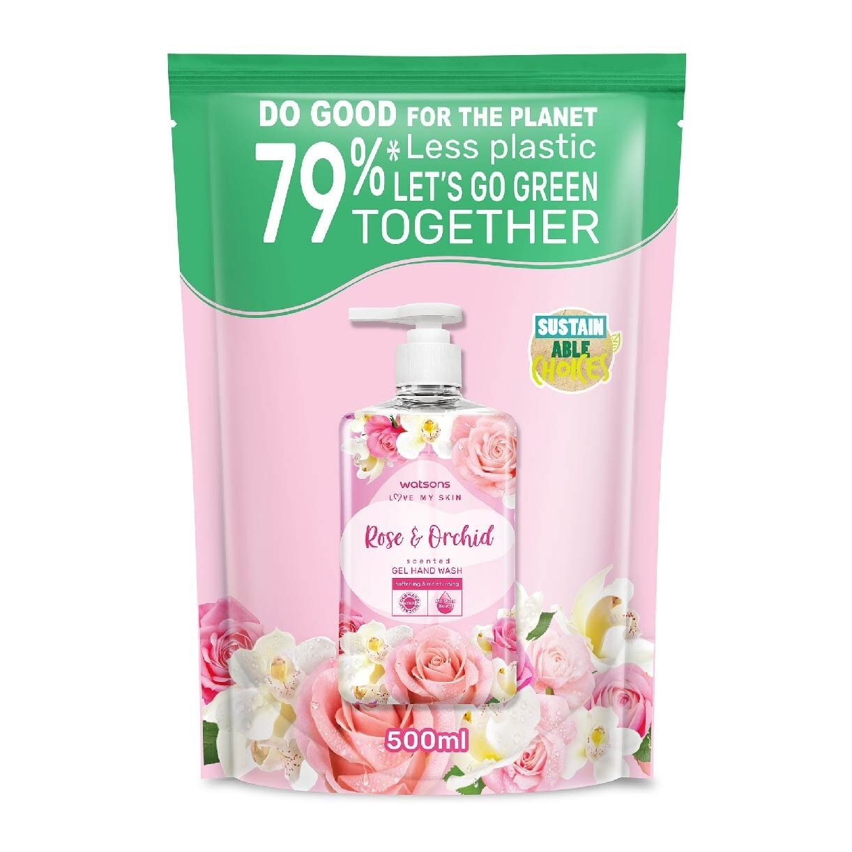 Rose & Orchid Scented Gel Hand Wash (Softening & Moisturising, Dermatologically Tested) Refill Pack 500ml