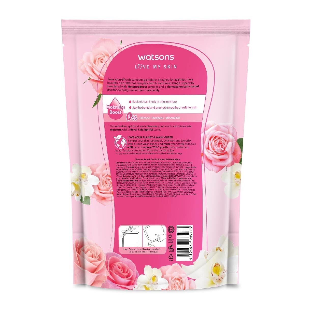 Rose & Orchid Scented Gel Hand Wash (Softening & Moisturising, Dermatologically Tested) Refill Pack 500ml