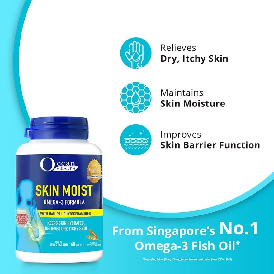 Skin Moist Omega-3 Formula with Natural Phytoceramides (Keeps Skin Hydrated + Relieves Dry & Itchy Skin) 60s