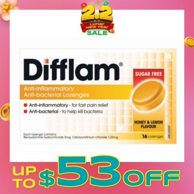 DIFFLAM Anti-Inflammatory Anti-bacterial Honey Lemon Sugar Free 16 Lozenges (Expiry: Jul`2026)