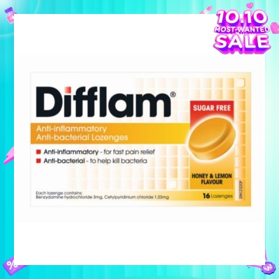 DIFFLAM Anti-Inflammatory Anti-bacterial Honey Lemon Sugar Free 16 Lozenges (Expiry: Jul`2026)