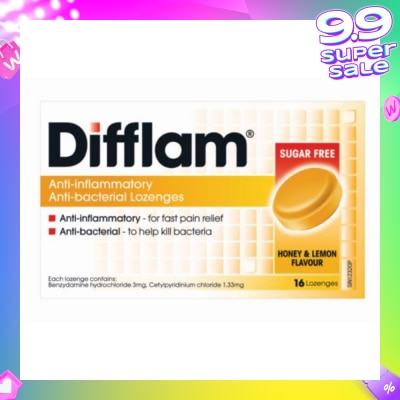DIFFLAM Anti-Inflammatory Anti-bacterial Honey Lemon Sugar Free 16 Lozenges
