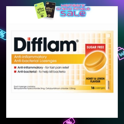 DIFFLAM Anti-Inflammatory Anti-bacterial Honey Lemon Sugar Free 16 Lozenges (Expiry: Jul`2026)