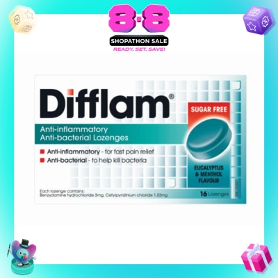 DIFFLAM - Anti-Inflammatory Anti-bacterial Eucalyptus & Menthol Sugar Free 16 Lozenges