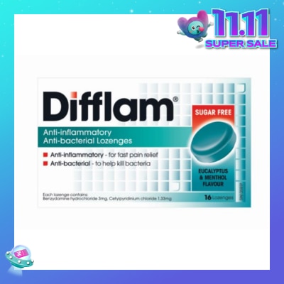 DIFFLAM Anti-Inflammatory Anti-bacterial Eucalyptus & Menthol Sugar Free 16 Lozenges (Expiry: Aug`2026)