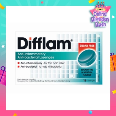 DIFFLAM Anti-Inflammatory Anti-bacterial Eucalyptus & Menthol Sugar Free 16 Lozenges