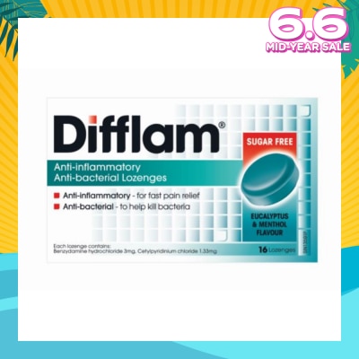 DIFFLAM Anti-Inflammatory Anti-bacterial Eucalyptus & Menthol Sugar Free 16 Lozenges