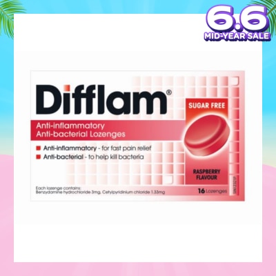 DIFFLAM Anti-Inflammatory Anti-bacterial Raspberry Sugar Free 16 Lozenges (Expiry: Dec`2025)