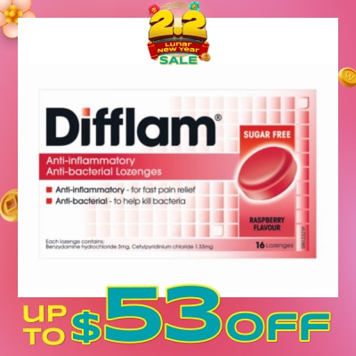 DIFFLAM Anti-Inflammatory Anti-bacterial Raspberry Sugar Free 16 Lozenges (Expiry: Apr`2026)