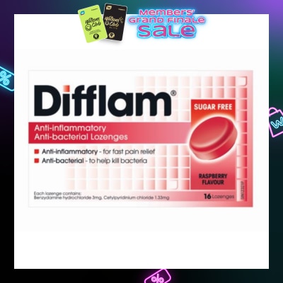DIFFLAM Anti-Inflammatory Anti-bacterial Raspberry Sugar Free 16 Lozenges (Expiry: Apr`2026)