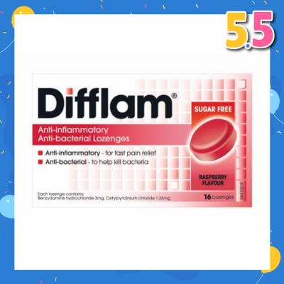DIFFLAM Anti-Inflammatory Anti-bacterial Raspberry Sugar Free 16 Lozenges (Expiry: Dec`2025)