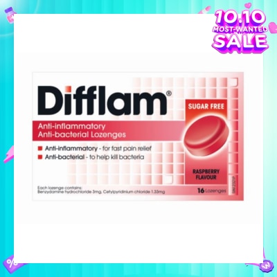 DIFFLAM Anti-Inflammatory Anti-bacterial Raspberry Sugar Free 16 Lozenges (Expiry: Apr`2026)
