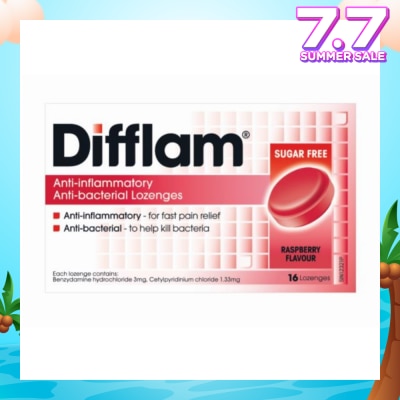 DIFFLAM Anti-Inflammatory Anti-bacterial Raspberry Sugar Free 16 Lozenges (Expiry: Dec`2025)