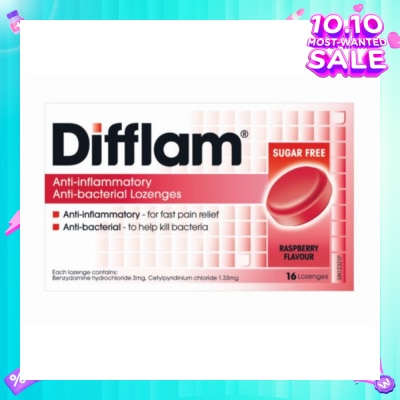 DIFFLAM Anti-Inflammatory Anti-bacterial Raspberry Sugar Free 16 Lozenges (Expiry: Apr`2026)