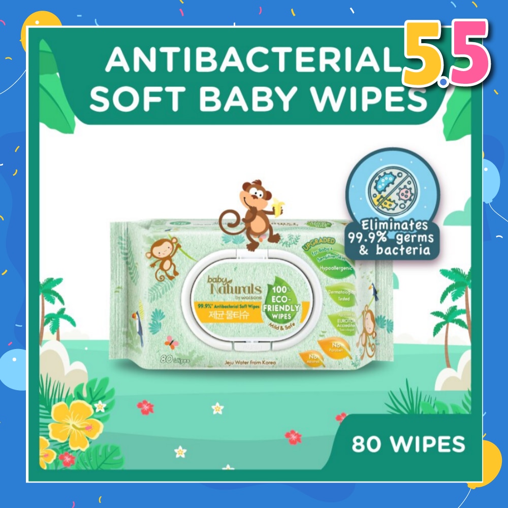 Baby Naturals 100% Eco-Friendly Wipes (99% Antibacterial Soft Wipes + Mild & Safe) 80s