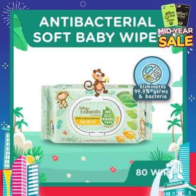 WATSONS Baby Naturals 100% Eco-Friendly Wipes (99% Antibacterial Soft Wipes + Mild & Safe) 80s