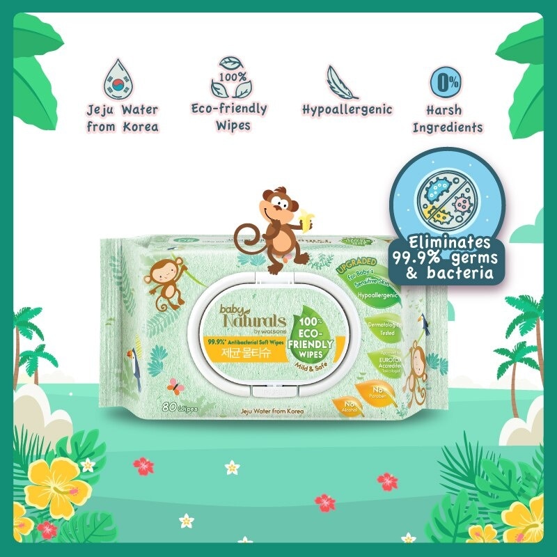 Baby Naturals 100% Eco-Friendly Wipes (99% Antibacterial Soft Wipes + Mild & Safe) 80s