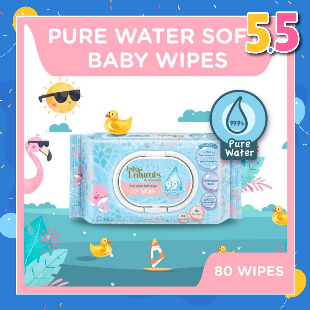 Baby Naturals Pure Water Soft Wipes (99% Pure Water + Mild & Safe) 80s