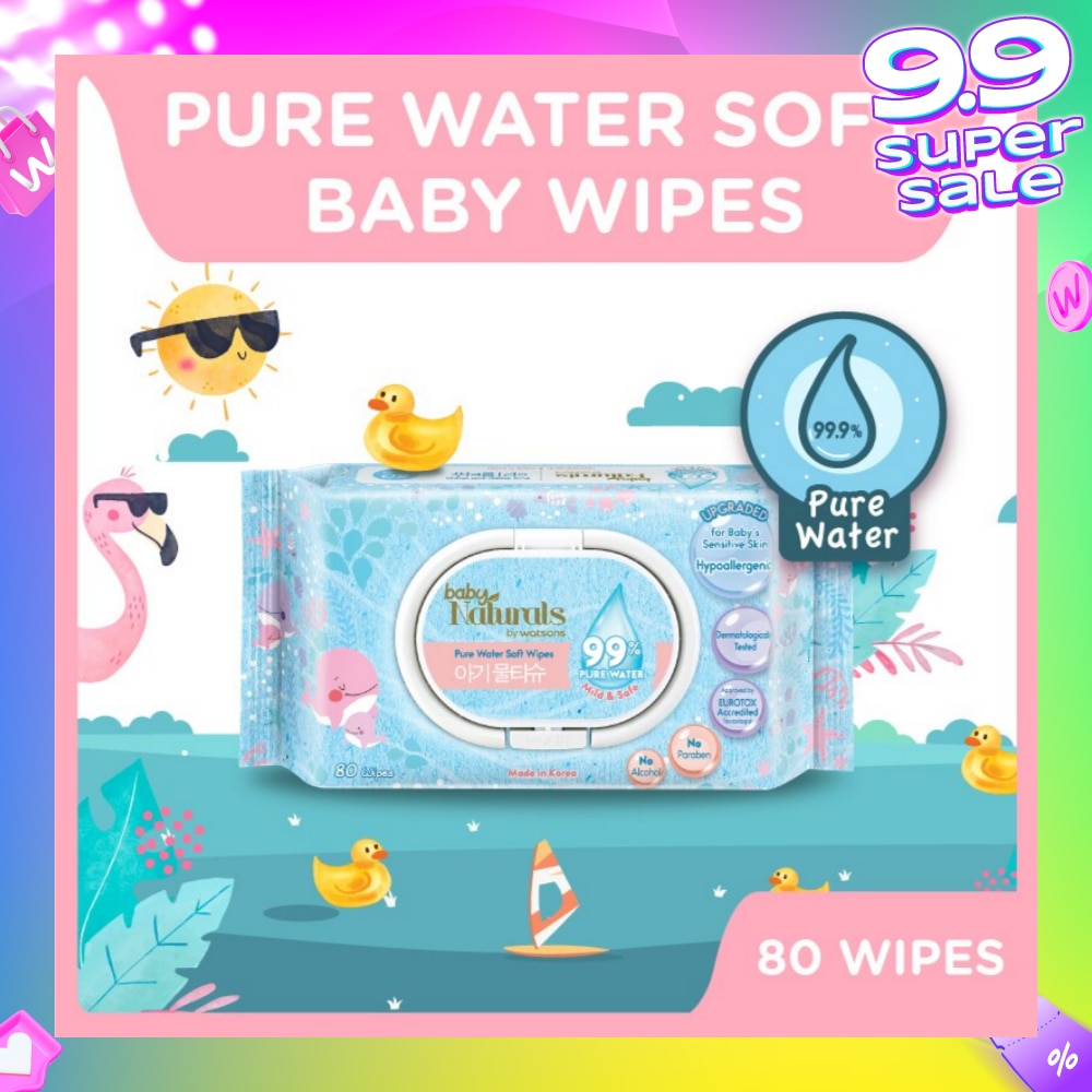 Baby Naturals Pure Water Soft Wipes (99% Pure Water + Mild & Safe) 80s