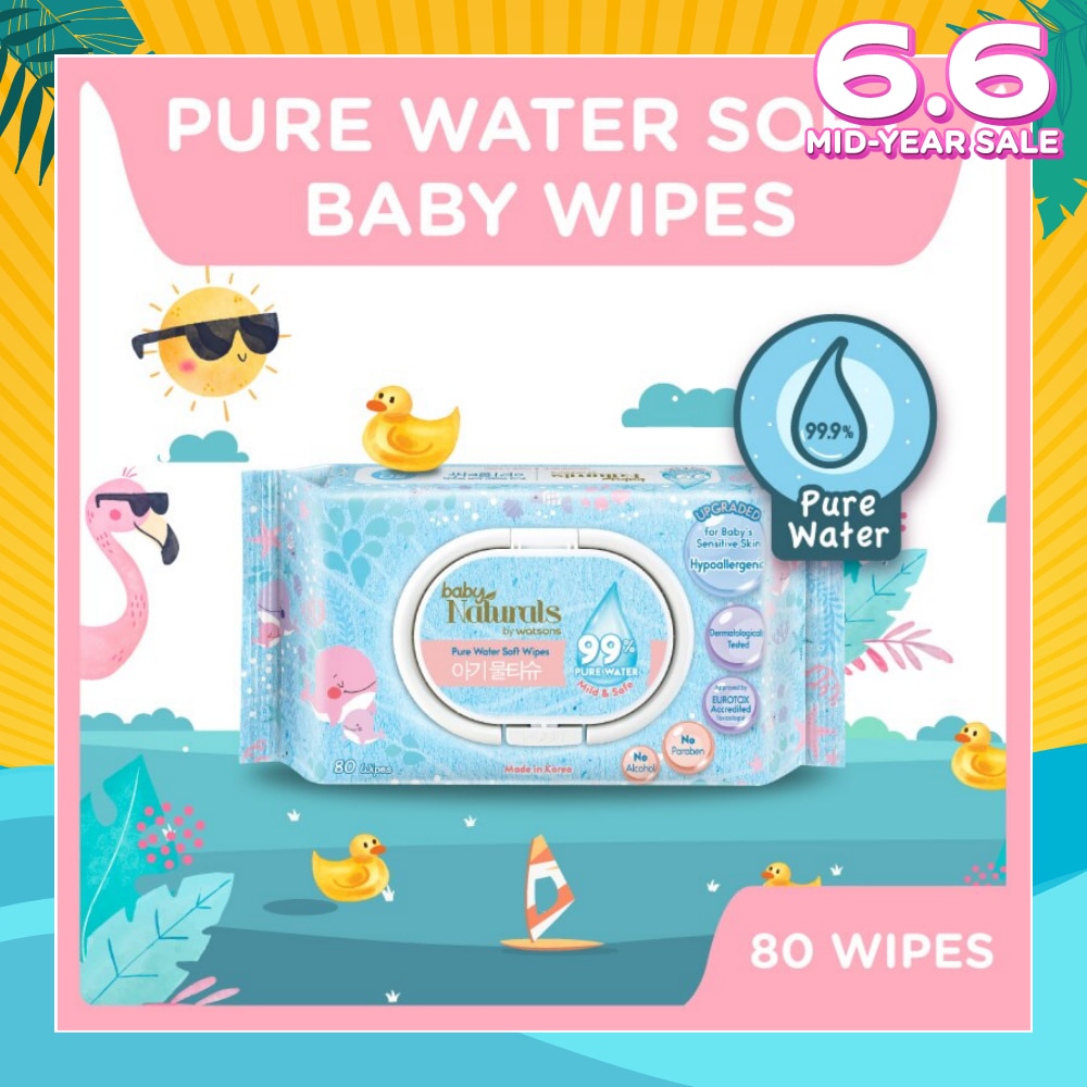 Baby Naturals Pure Water Soft Wipes (99% Pure Water + Mild & Safe) 80s