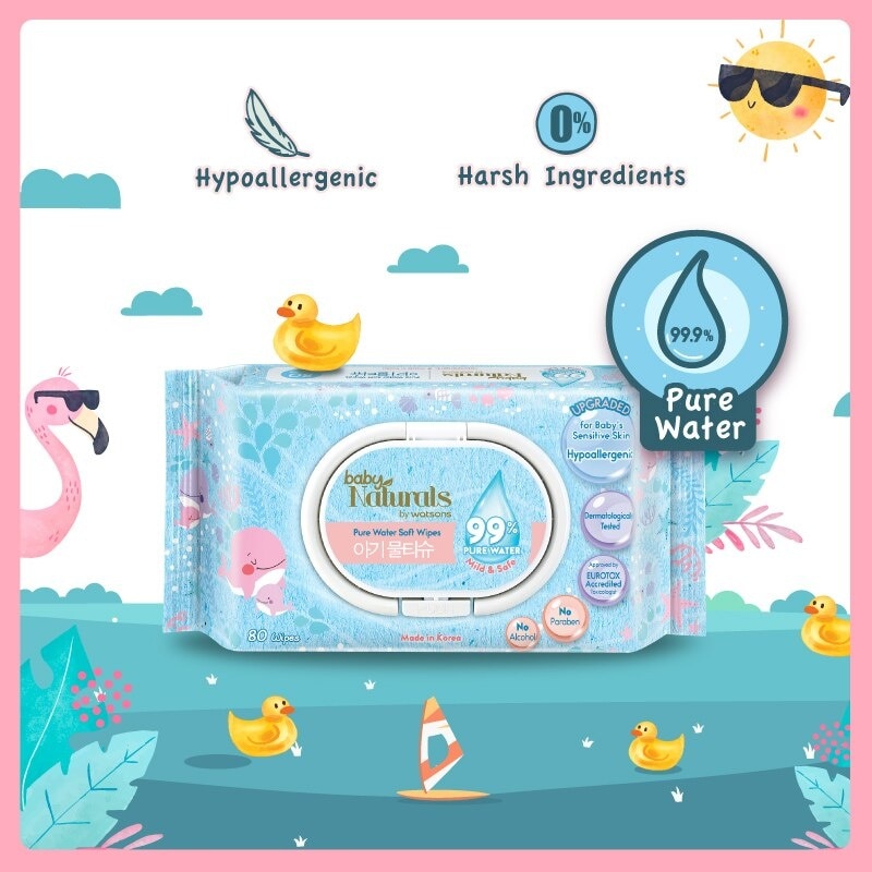 Baby Naturals Pure Water Soft Wipes (99% Pure Water + Mild & Safe) 80s