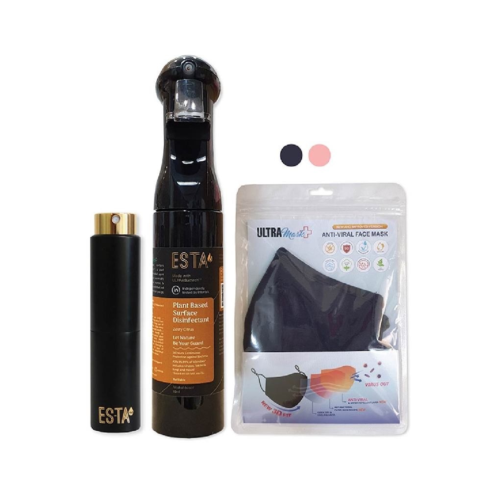 [XMAS GIFT] Travel Exclusive Matte Black Bundle Packset consists Pocket Hand Sanitiser 15ml + Surface Disinfectant Spray 80ml + Ultramask Antiviral Reusable Facemask 2s