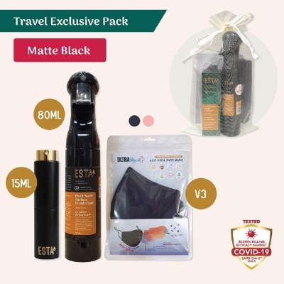 ESTA [XMAS GIFT] Travel Exclusive Matte Black Bundle Packset consists Pocket Hand Sanitiser 15ml + Surface Disinfectant Spray 80ml + Ultramask Antiviral Reusable Facemask 2s