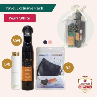 ESTA [XMAS GIFT] Travel Exclusive Pearl White Bundle Packset consists Pocket Hand Sanitiser 15ml + Surface Disinfectant Spray 80ml + Ultramask Antiviral Reusable Facemask 2s