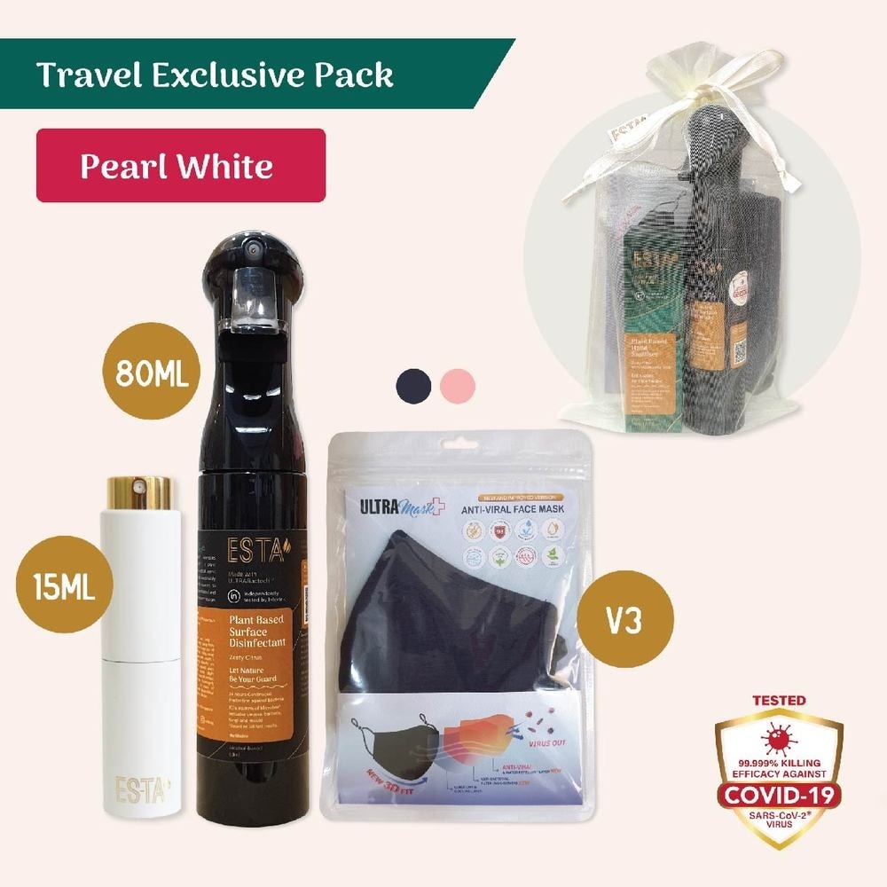 [XMAS GIFT] Travel Exclusive Pearl White Bundle Packset consists Pocket Hand Sanitiser 15ml + Surface Disinfectant Spray 80ml + Ultramask Antiviral Reusable Facemask 2s